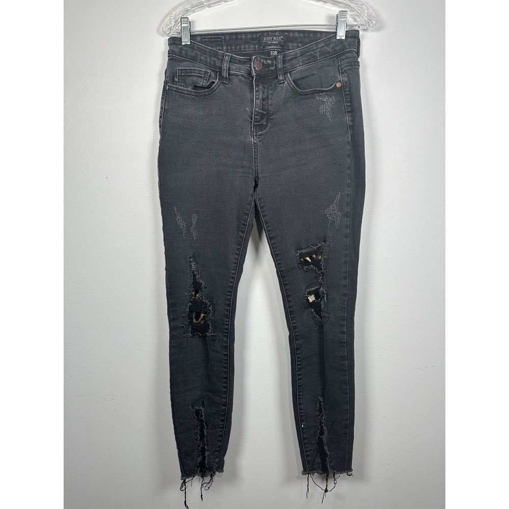 Judy Blue Womens 7/28 Jeans Black Denim Skinny Fit Mid-Rise Distressed Leopard